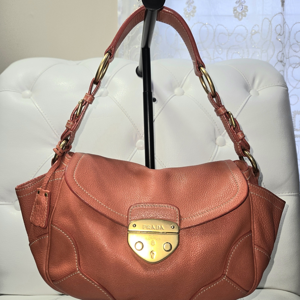 Prada Coral Leather Shoulder Bag W/ Key.